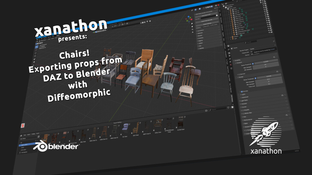 Title card for the video "Chairs! Exporting props from DAZ to Blender with Diffeomorphic and adding the to the Asset Browser"