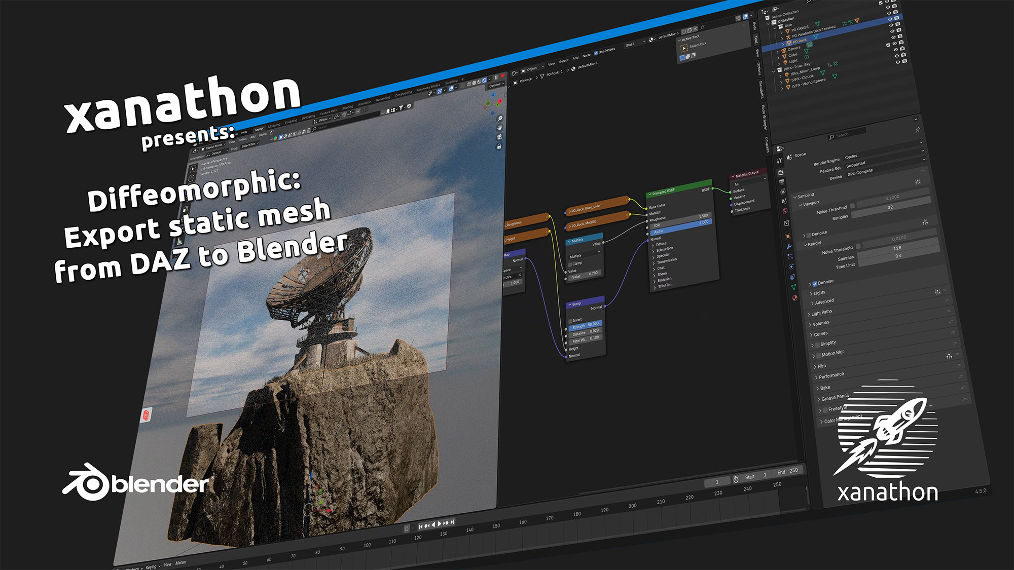Video title card with post title, Blender UI in the background