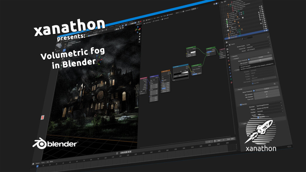 Title card for a Youtube video, showing a perspectively squashed Blender UI and some text: Xanathon presents: Volumetric Fog In Blender
