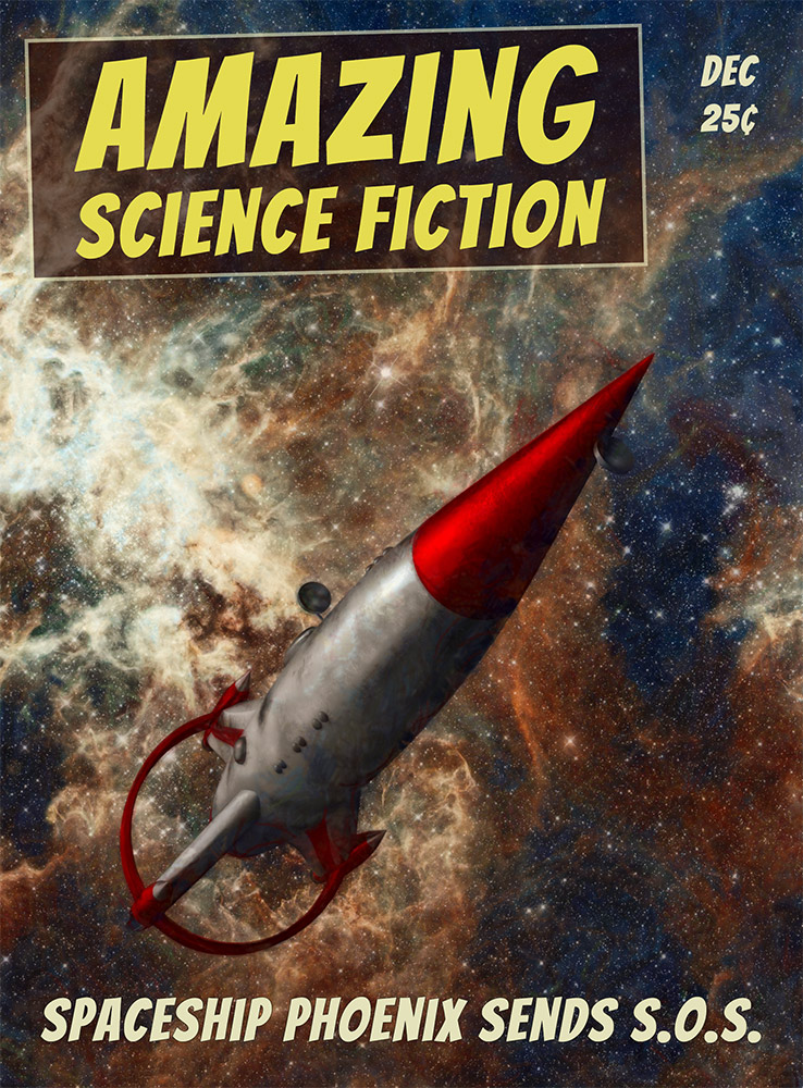 AmazingSciFi Retro Scifi Magazine Cover, Retro Rocket on colorful space, Cover Art by Xanathon