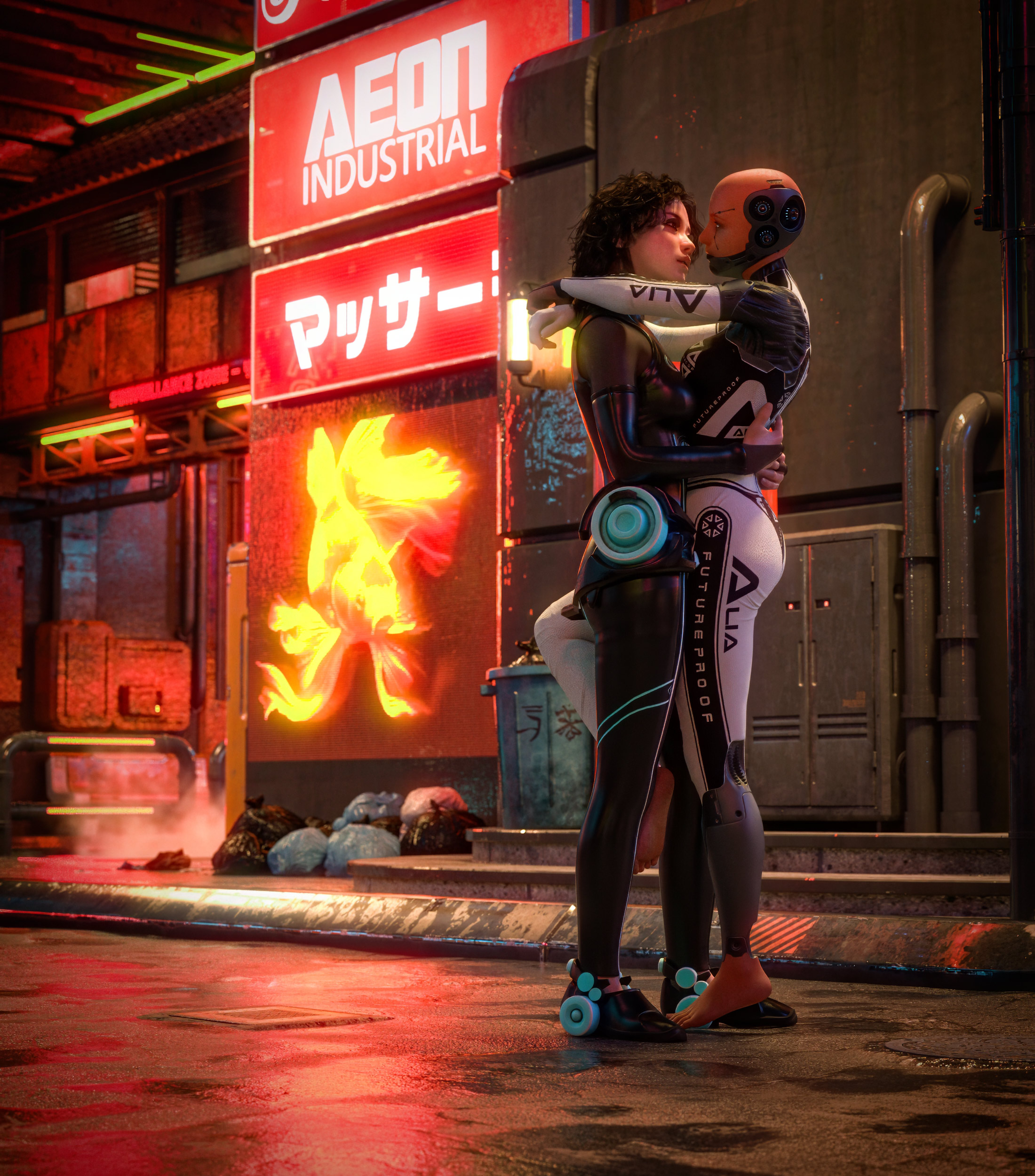 A Girls and a Robot Girl embrace each other in a cyberpunk city street scene | handmade Digital Art by Xanathon