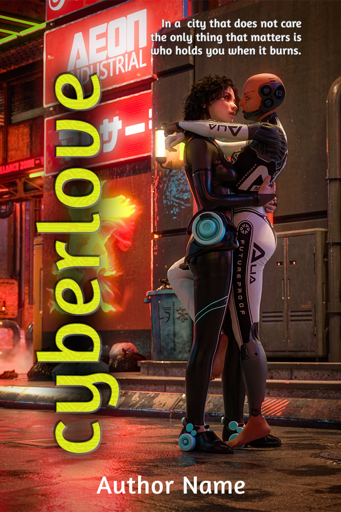 cyberlove Book Cover, a girl and an adroid embracing each other, 3D Art by Xanathon