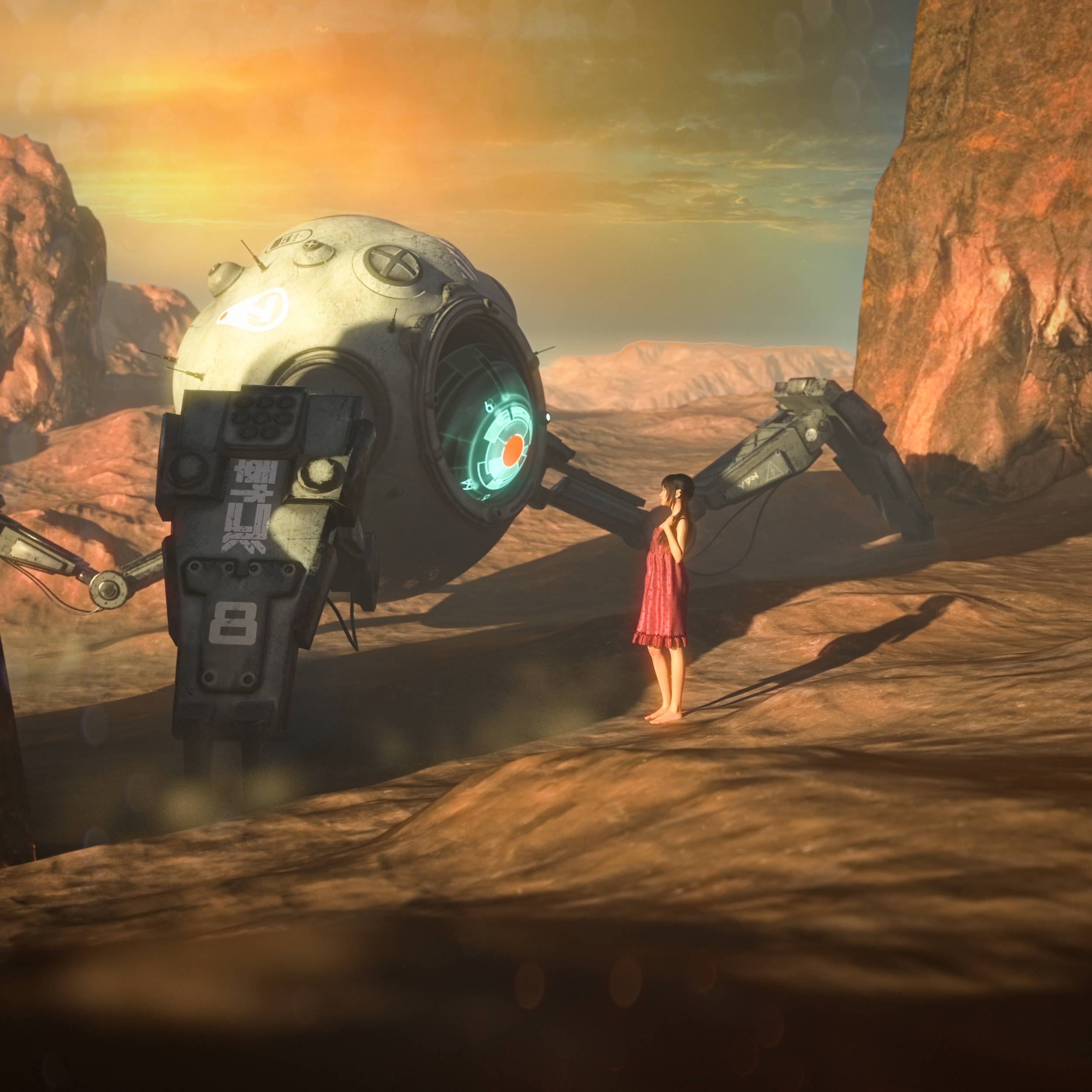 Encounter in the Desert - handmade Digital Scifi Art By Xanathon | a girl meets a robot in a desert
