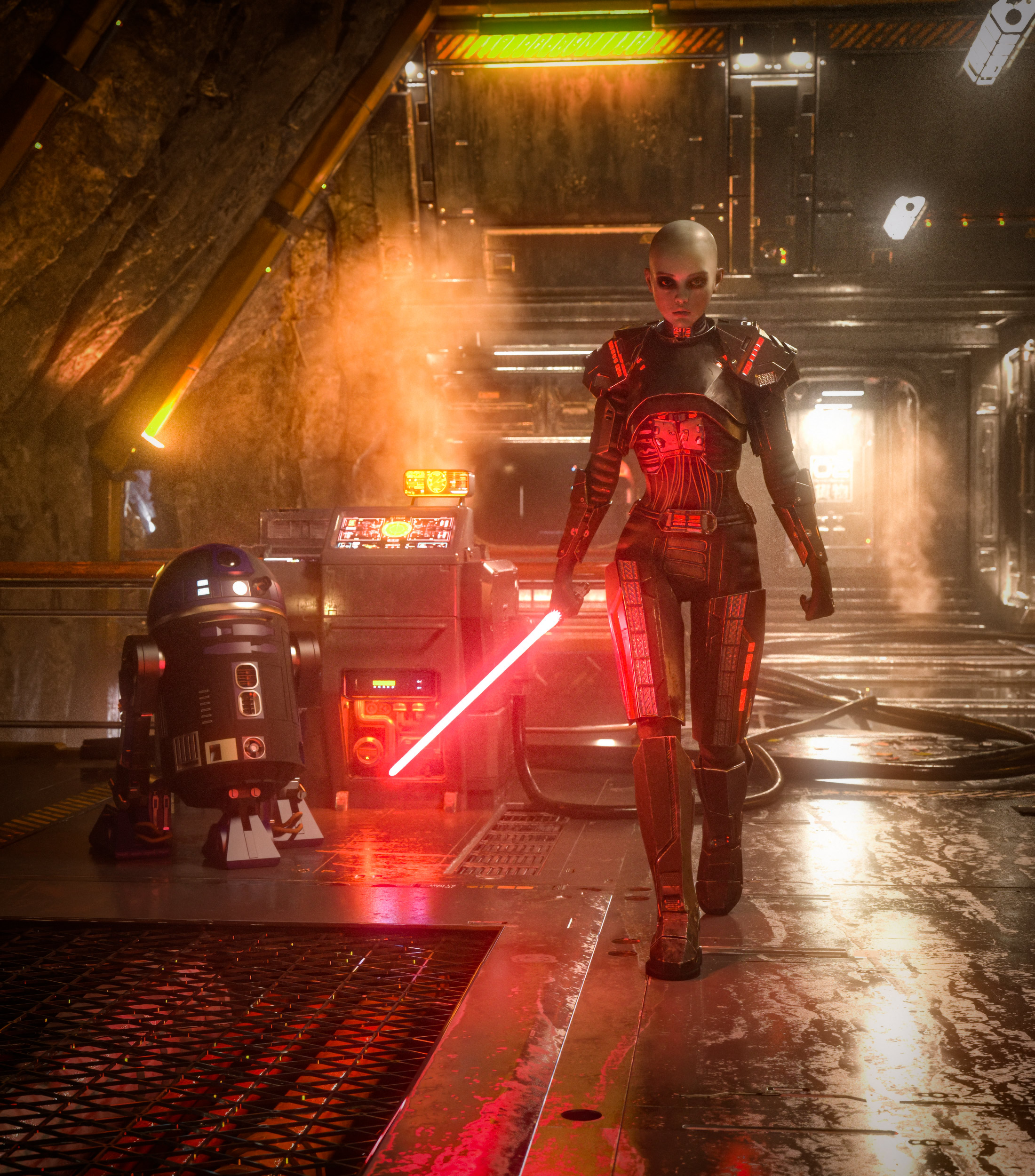 sith_armor-denoise Female Sith in heavy armor wearing a red lightsabe in some kind of hangar environment